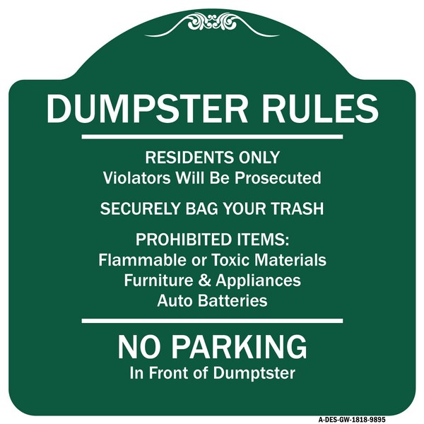 Residents Only Violators Prosecuted Bag Your Trash No Parking In Front Of Dumpster, GW-1818-9895
